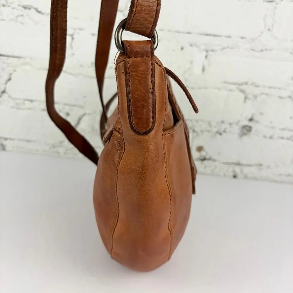 Vilenca Holland Brown Leather Woven Round Crossbody Bag Purse